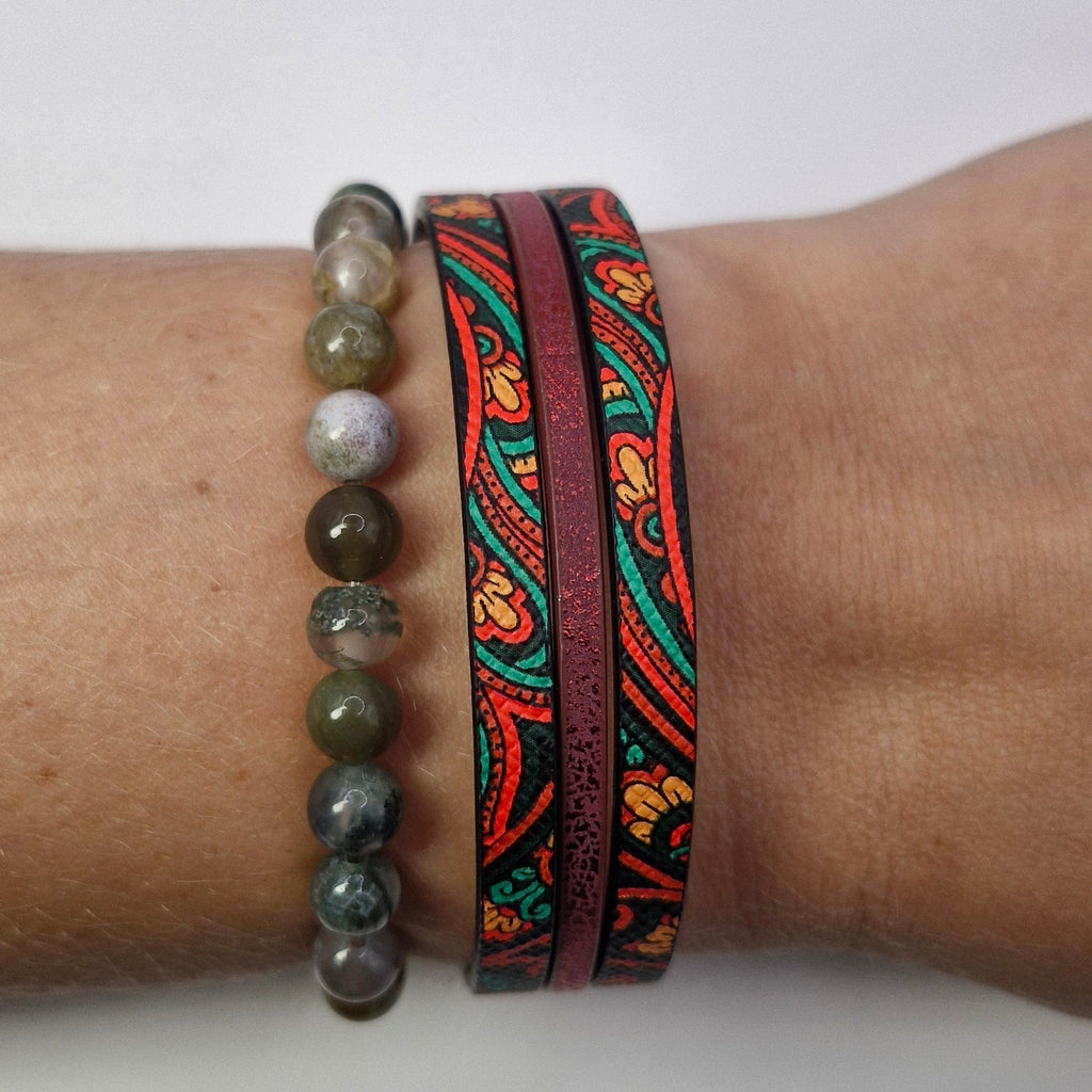 Zestaw „Boho Spice” — zielony agat + etniczny rzemień czerń/czerwień/zieleń