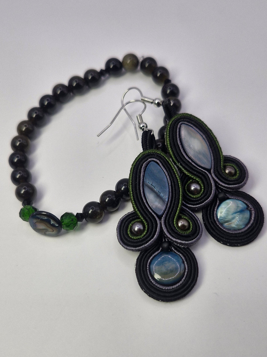 Komplet „Leśne Jeziora” — kolczyki sutasz + bransoletka z kamieni