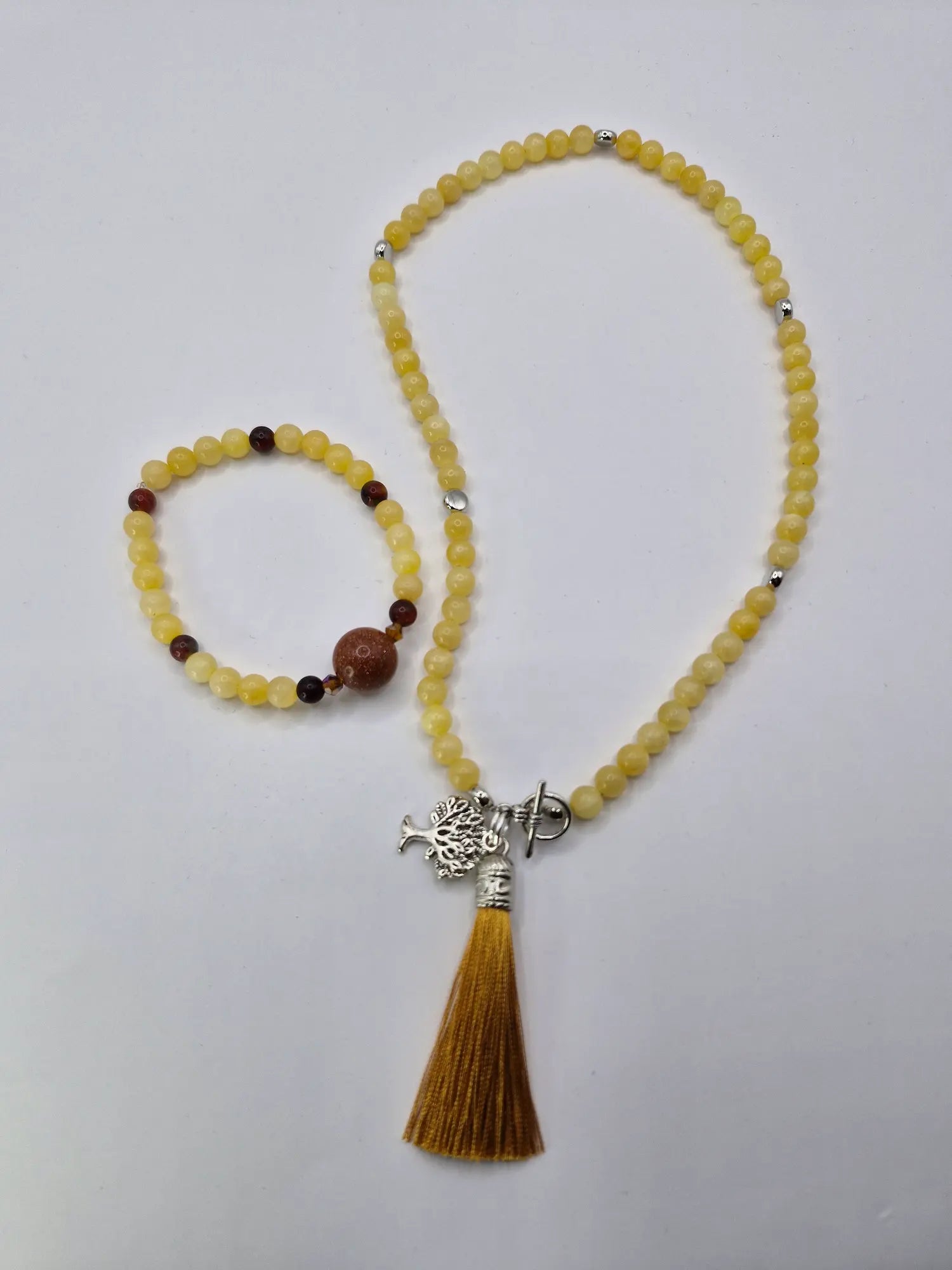 Zestaw biżuterii z kamieni naturalnych – naszyjnik + bransoletka z chwostem (miodowy)