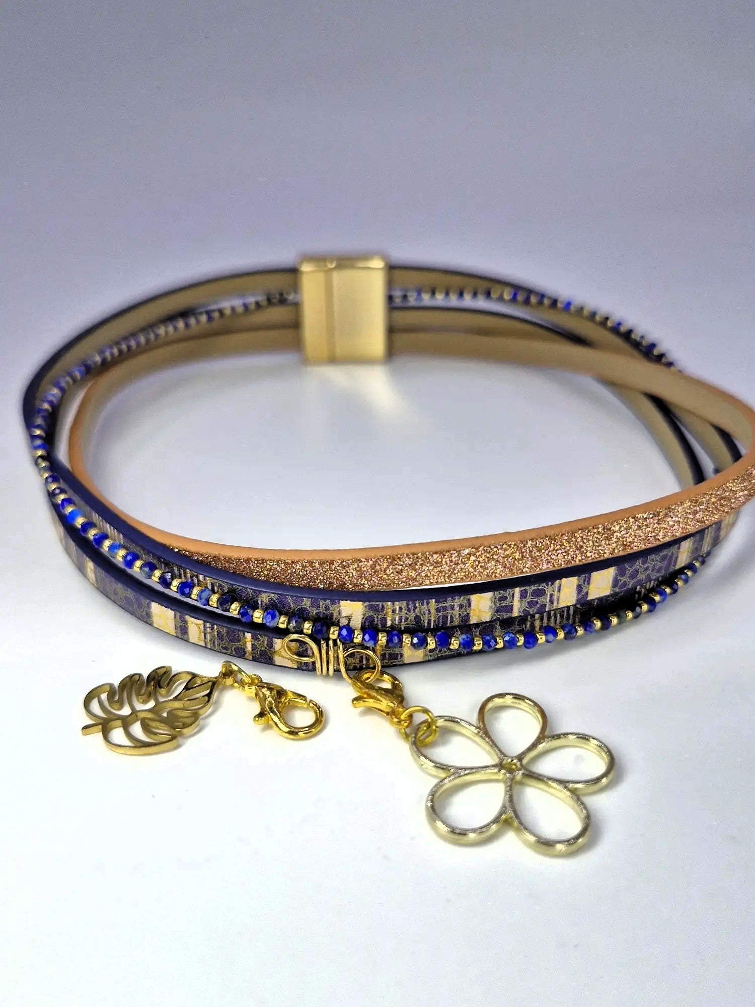 Bransoletka 2w1 / choker „Golden Blue Harmony” – z doczepianymi zawieszkami