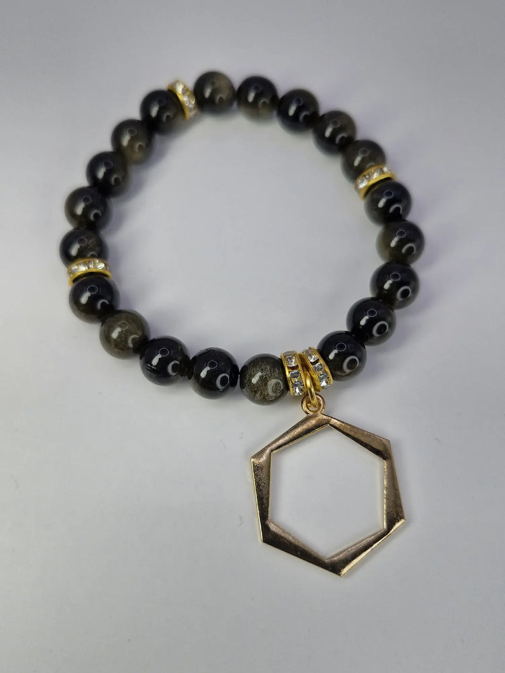 🖤 Bransoletka z naturalnych kamieni – czarny obsydian z geometryczną zawieszką