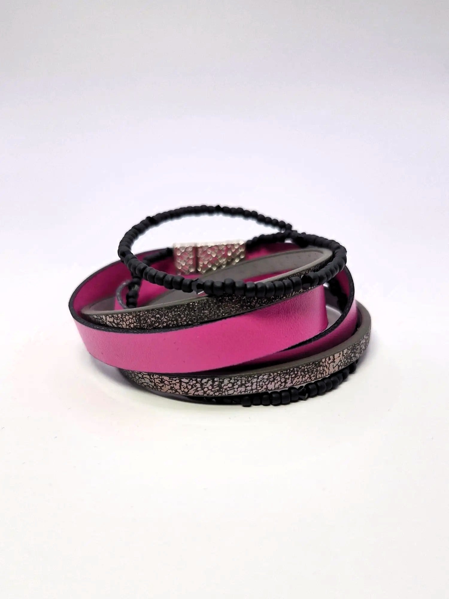 Bransoletka skóra eko wrap „Fuksja & Czerń”