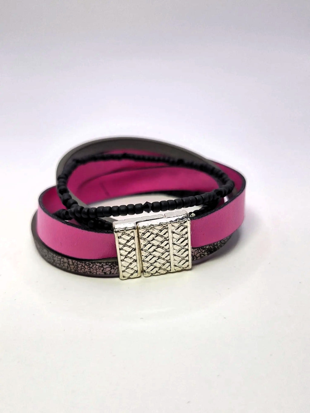 Bransoletka skóra eko wrap „Fuksja & Czerń”
