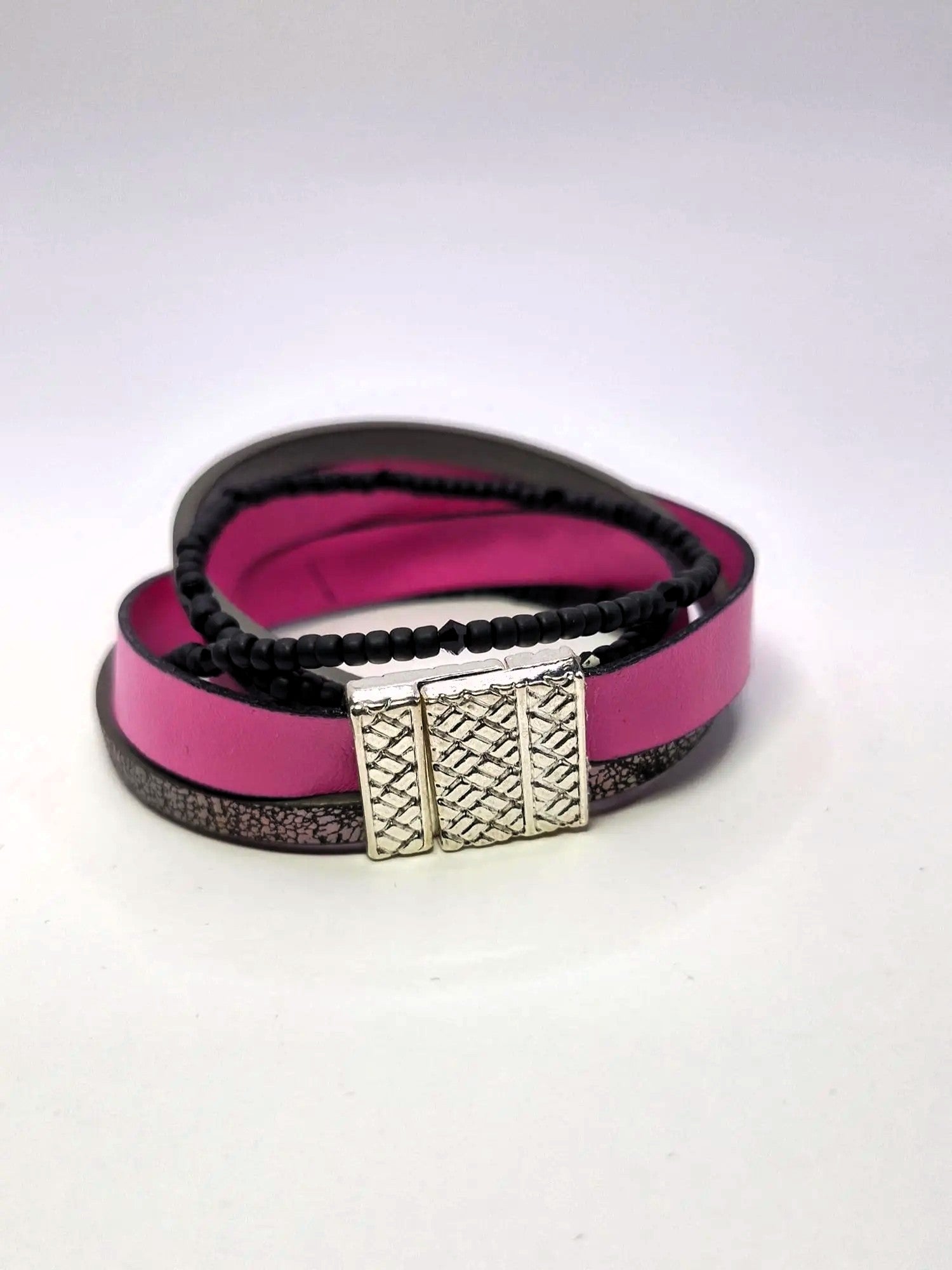 Bransoletka skóra eko wrap „Fuksja & Czerń”