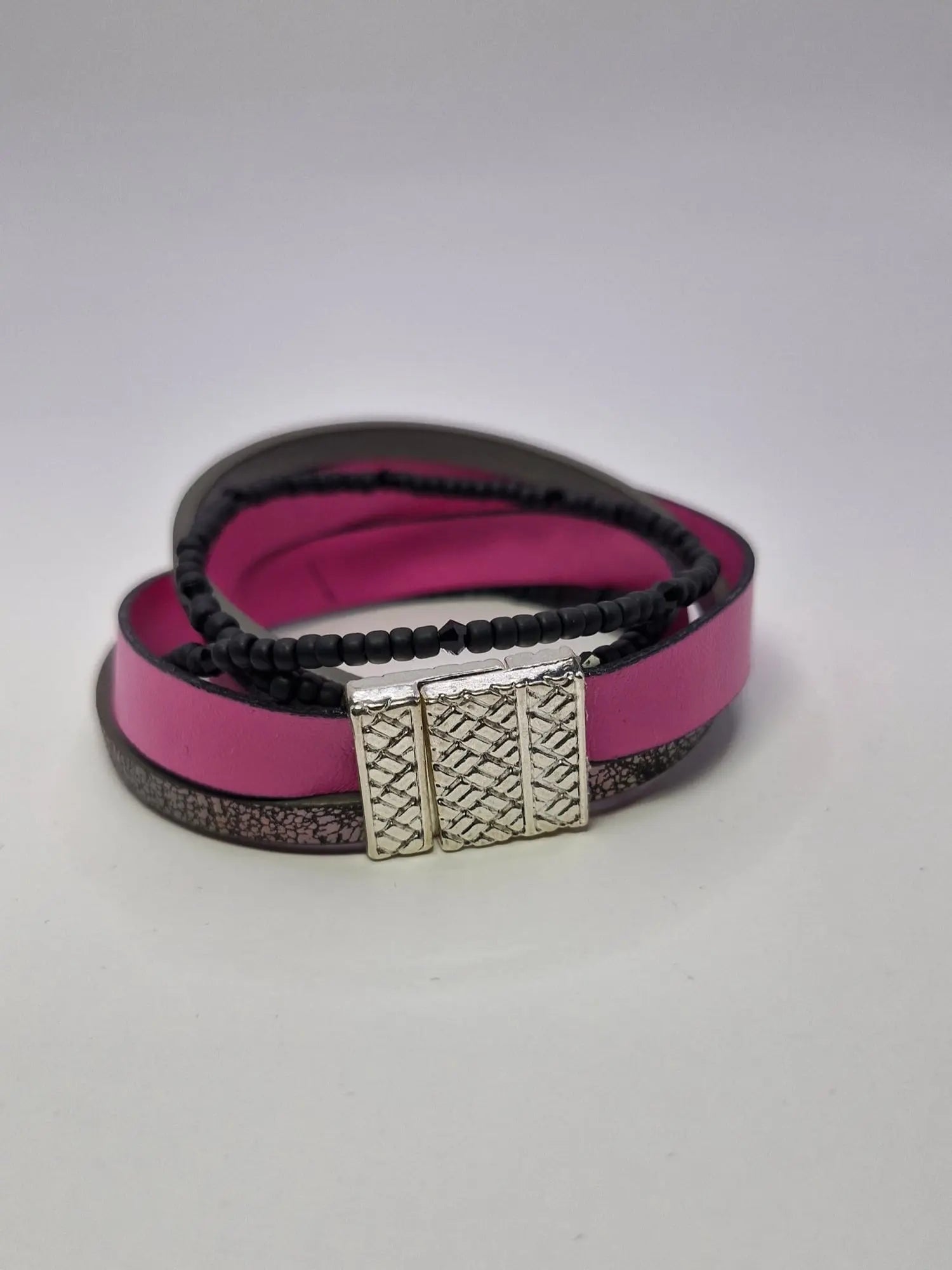 Bransoletka skóra eko wrap „Fuksja & Czerń