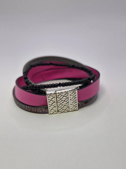 Bransoletka skóra eko wrap „Fuksja & Czerń