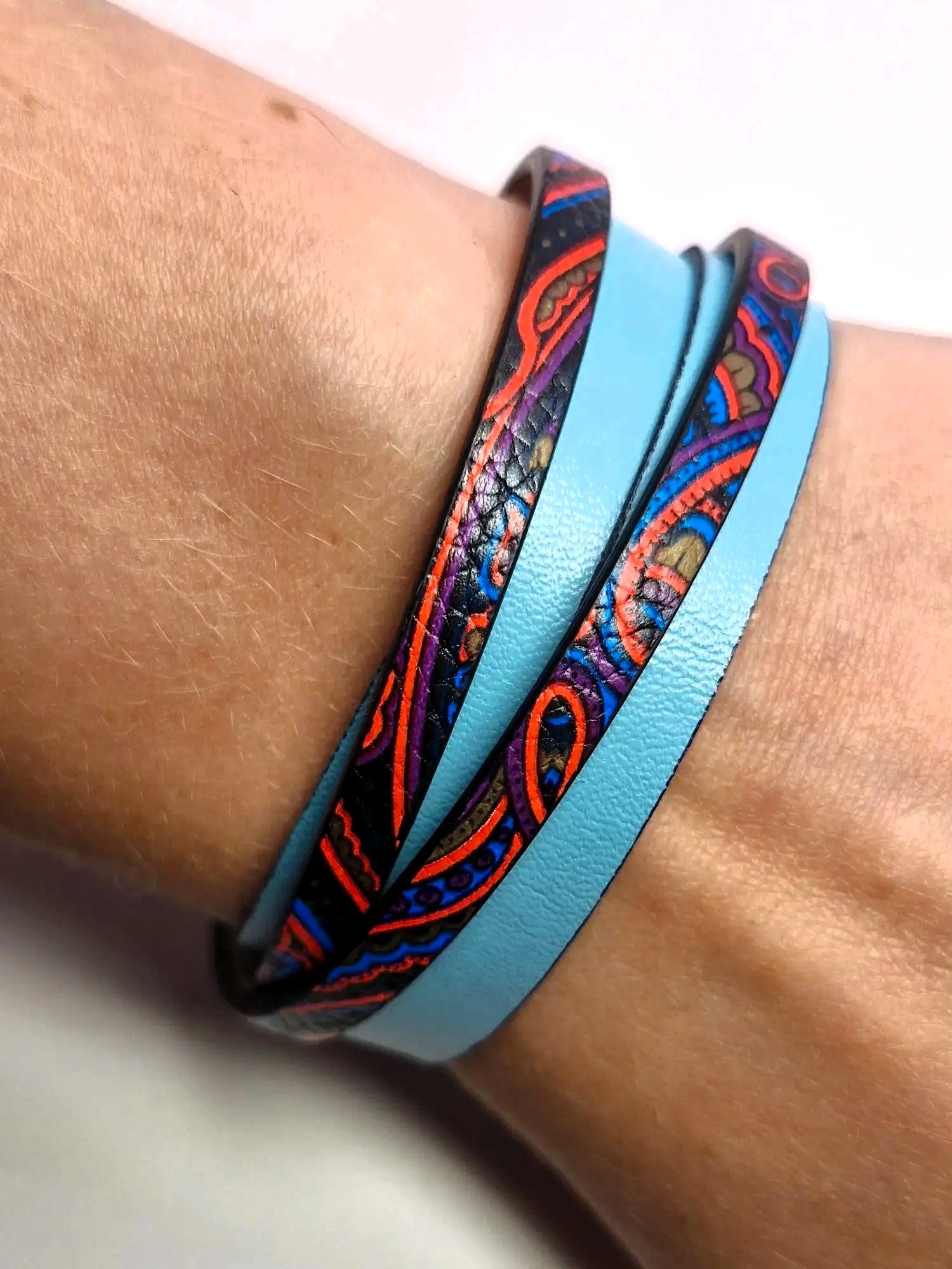 Bransoletka wrap „Turquoise Boho” — skóra eco, ornament