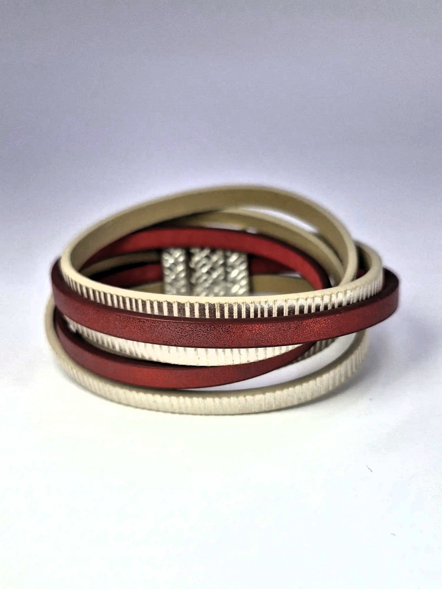 🤍 Bransoletka skórzana eko – klasyczna, wielowarstwowa (beż & bordo)