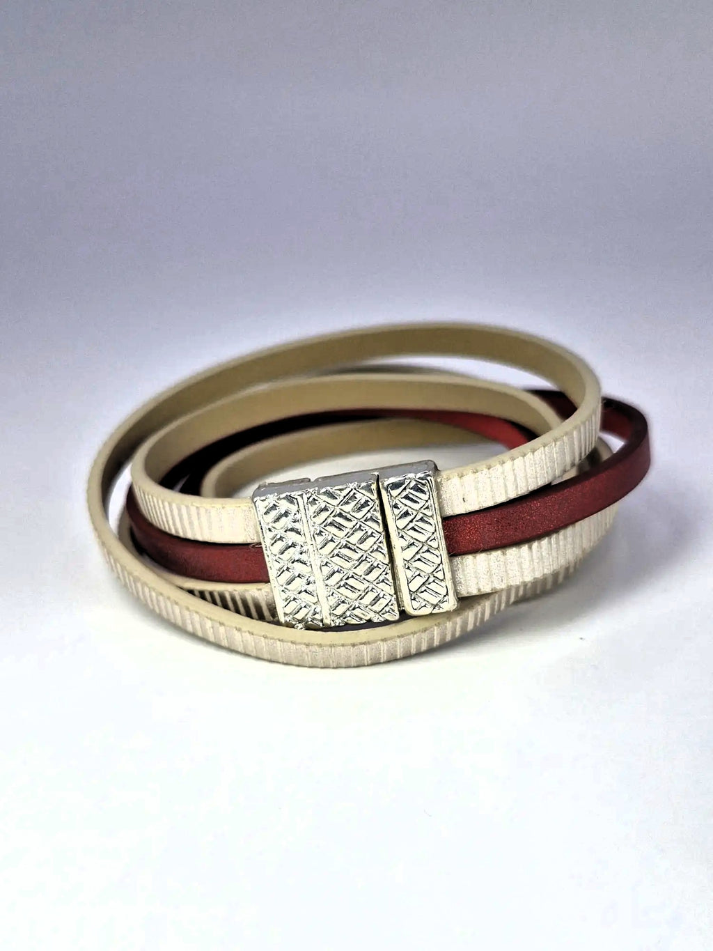 🤍 Bransoletka skórzana eko – klasyczna, wielowarstwowa (beż & bordo)