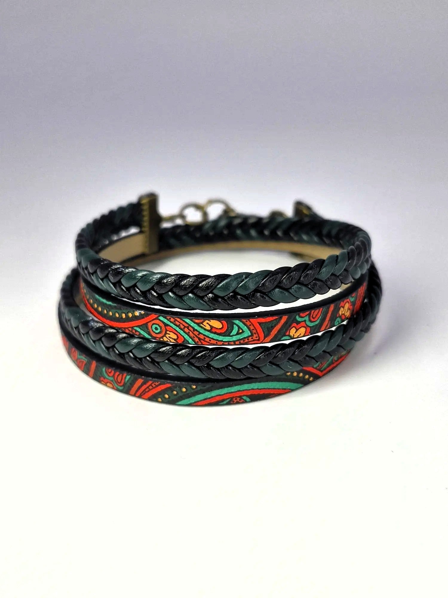 Bransoletka skóra eko pleciona – wzór orientalny (zieleń)