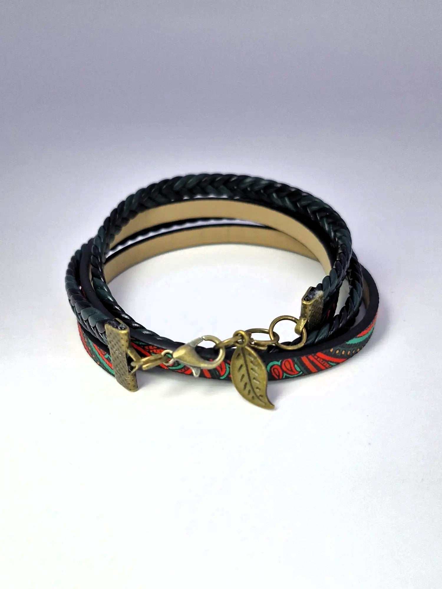 Bransoletka skóra eko pleciona – wzór orientalny (zieleń)