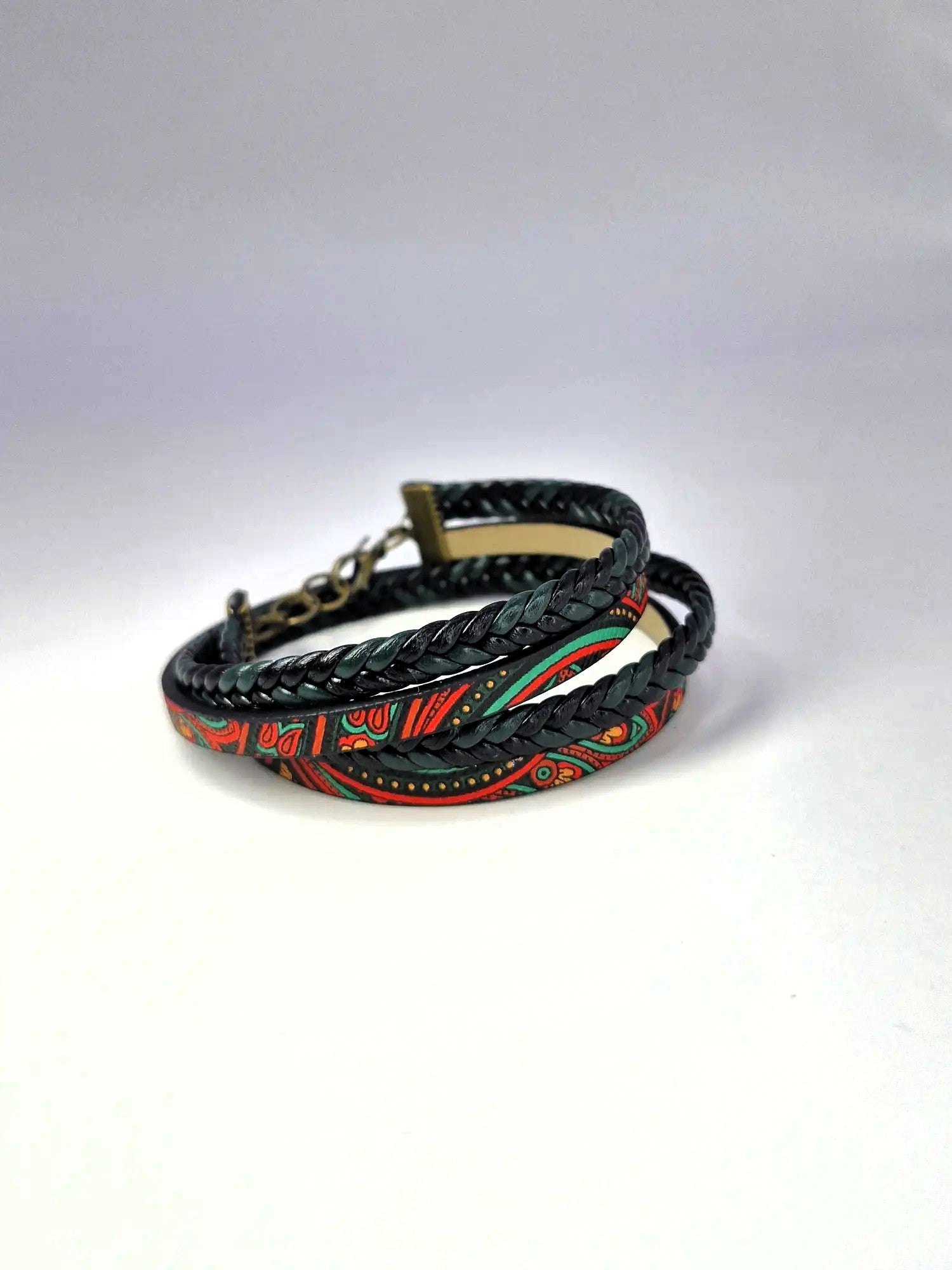 Bransoletka skóra eko pleciona – wzór orientalny (zieleń)