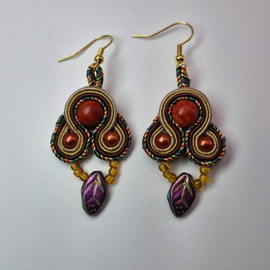 Kolczyki sutasz etno rudo-zielone, liść, boho