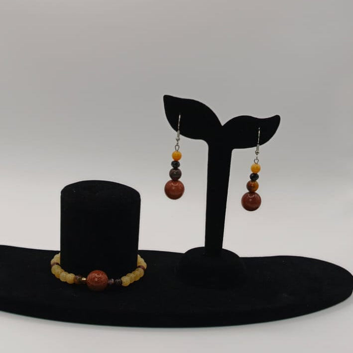 Zestaw „Miodowy Blask” – bransoletka + kolczyki (jadeit & piasek pustyni)