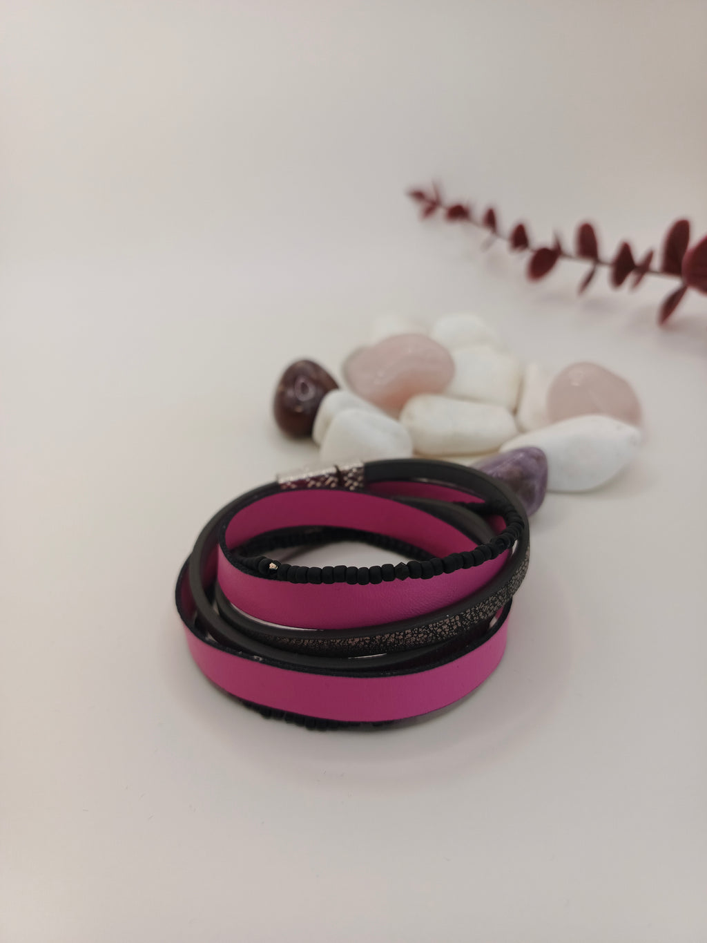 Bransoletka skóra eko wrap „Fuksja & Czerń