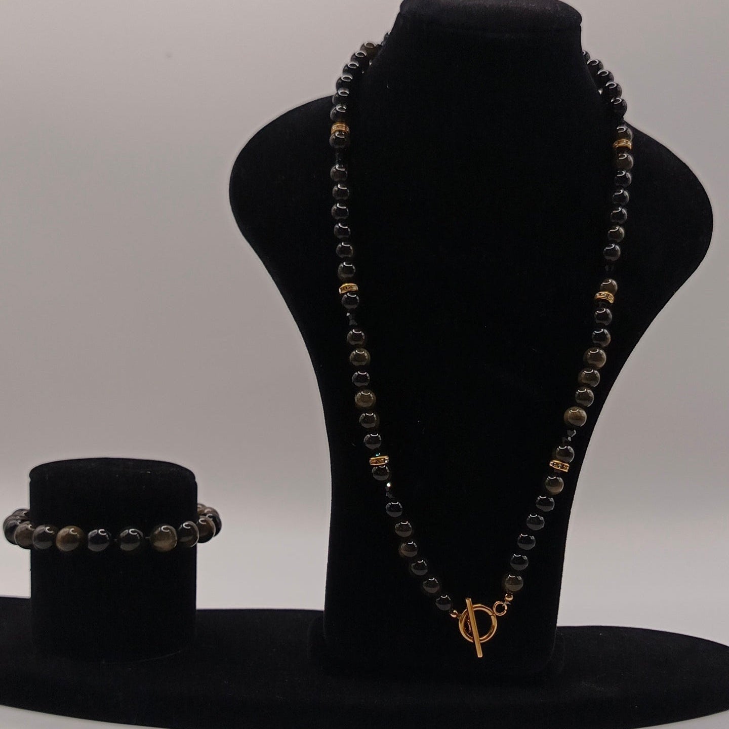 Zestaw 2-el. „Czarna Równowaga” – naszyjnik + bransoletka (obsydian & sokole oko)