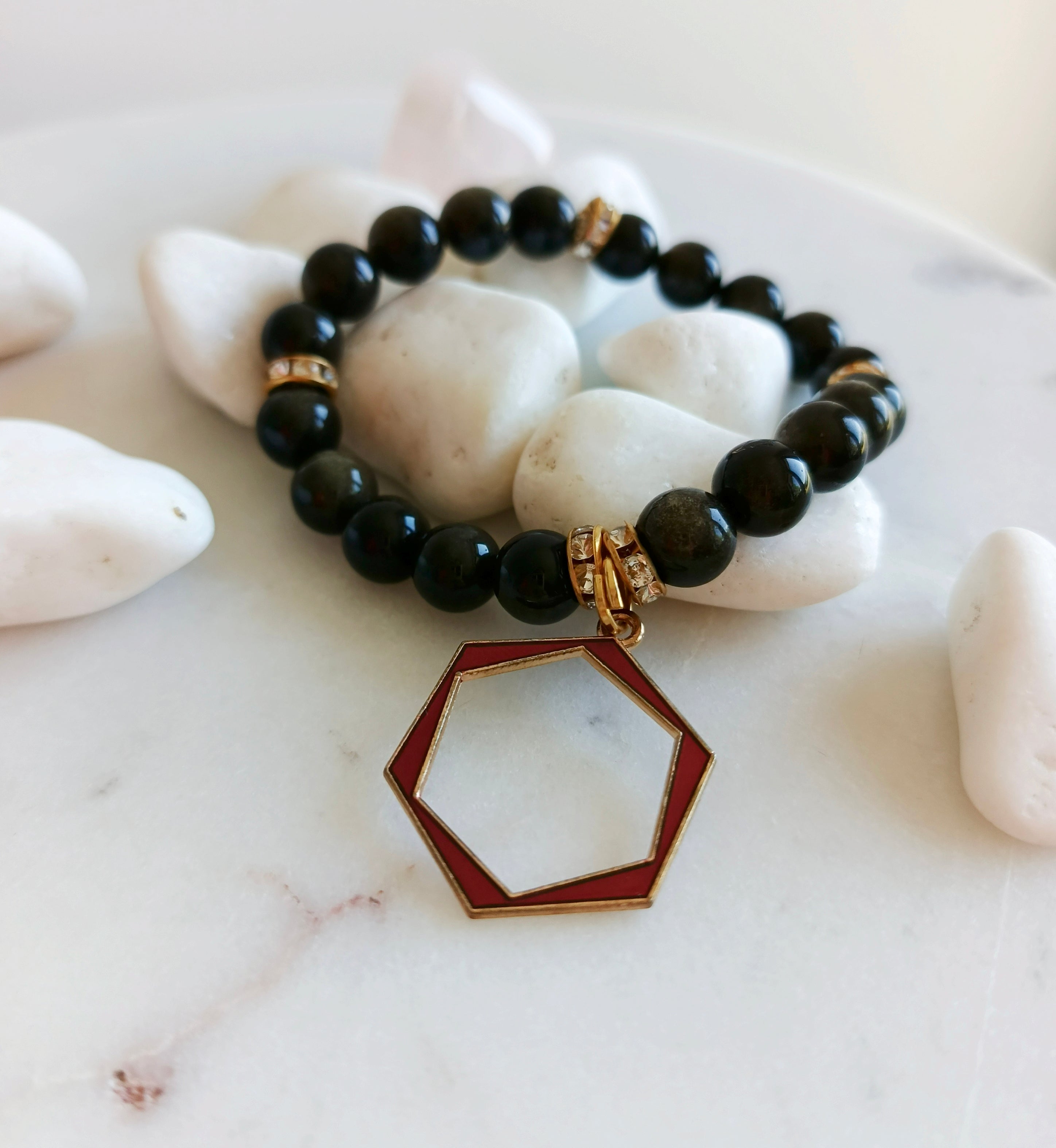 🖤 Bransoletka z naturalnych kamieni – czarny obsydian z geometryczną zawieszką
