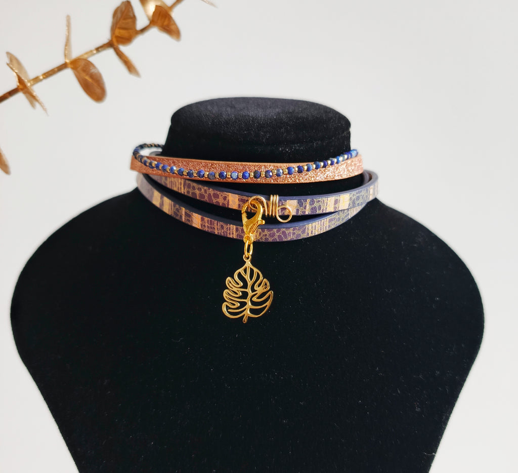 Bransoletka 2w1 / choker „Golden Blue Harmony” – z doczepianymi zawieszkami