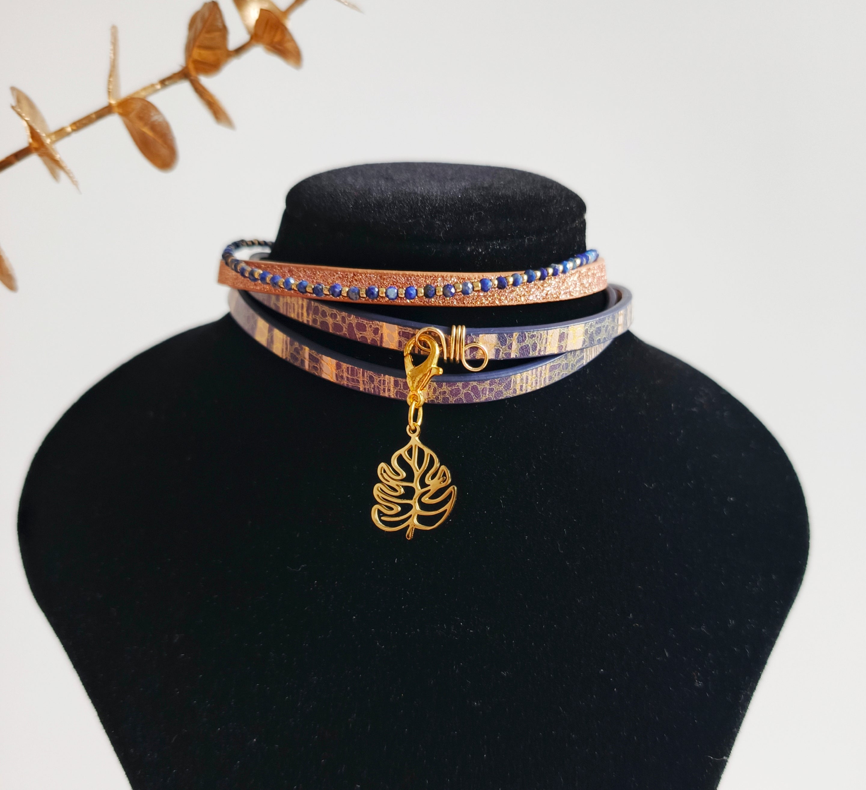 Bransoletka 2w1 / choker „Golden Blue Harmony” – z doczepianymi zawieszkami