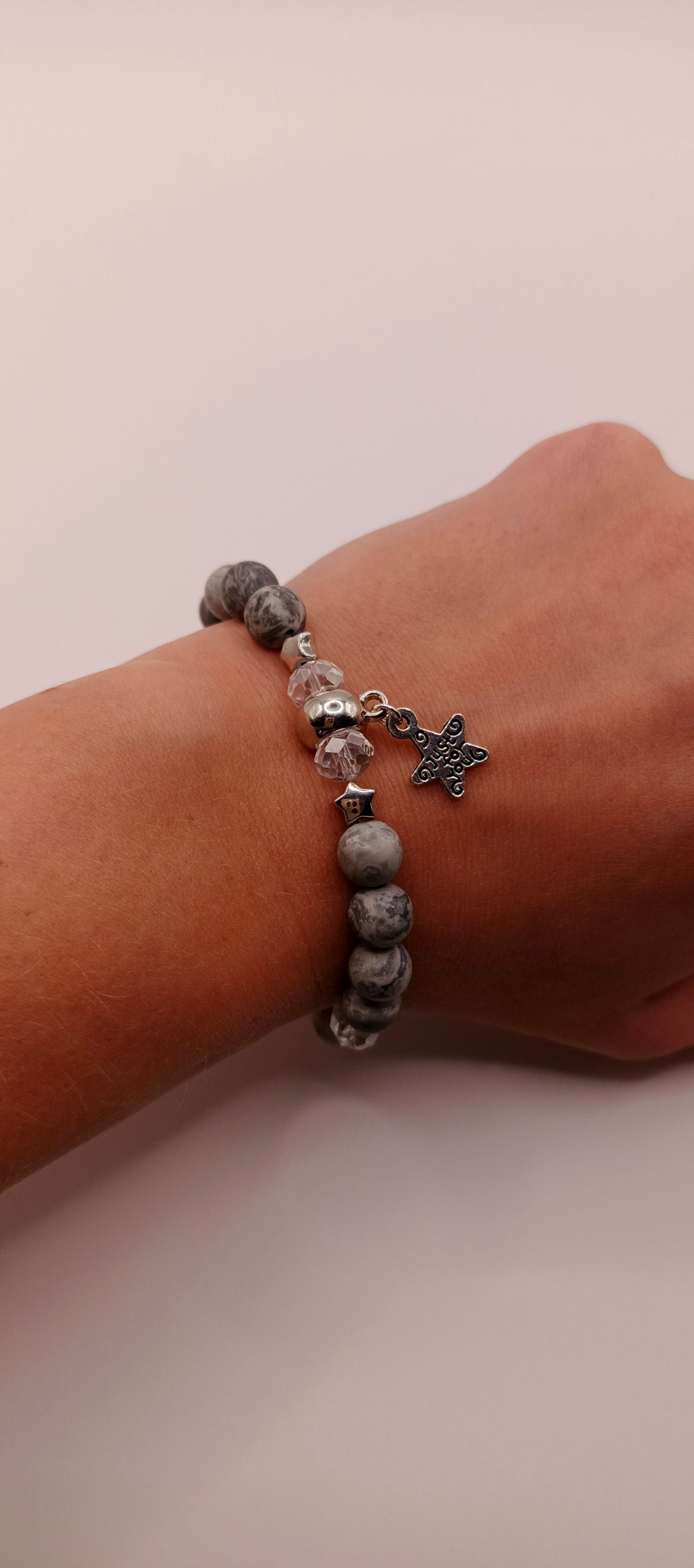 Bransoletka „Szare Niebo” — jasper Picasso, kryształ, gwiazdeczka.